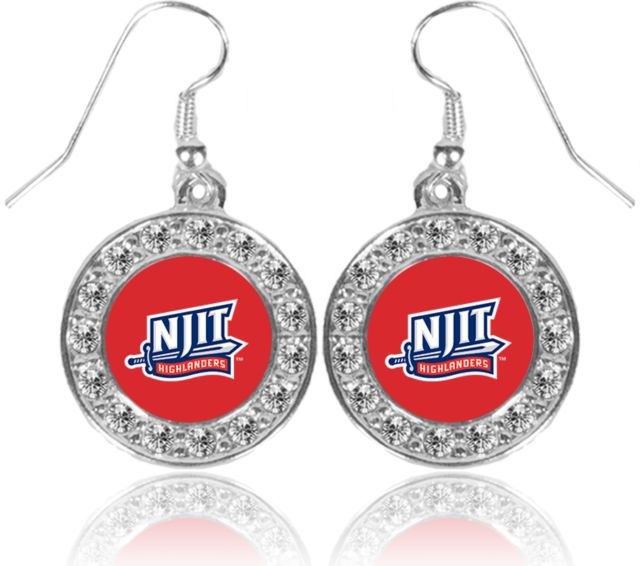 NJIT Crystal Studded Round Pendant Dangle Earrings NJIT Mark - ONLINE ONLY