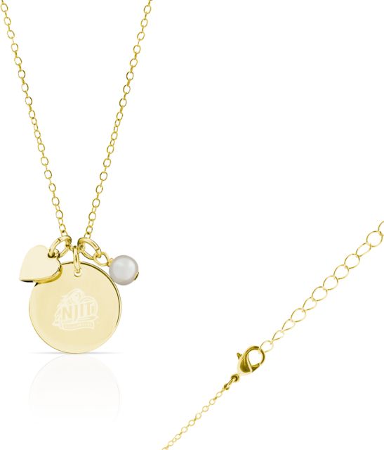 NJIT Olivia Sorelle Necklace with Round Pendant, Pearl and Heart Charm Official Logo Engraved - ONLINE ONLY