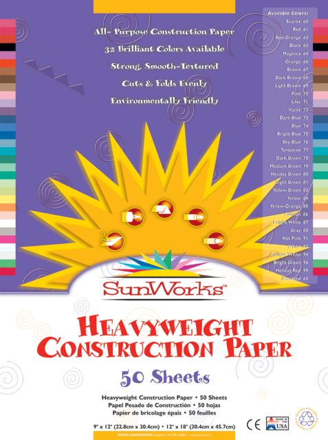 CONSTRUCTION PAPER SUNWORKS 12X18 ASSORTED 50 SHEETS
